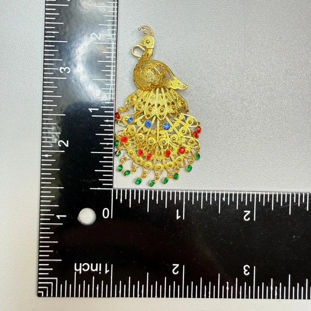 Vintage Gold Tone Filigree Peacock Brooch with Rhinestones Moving Tail